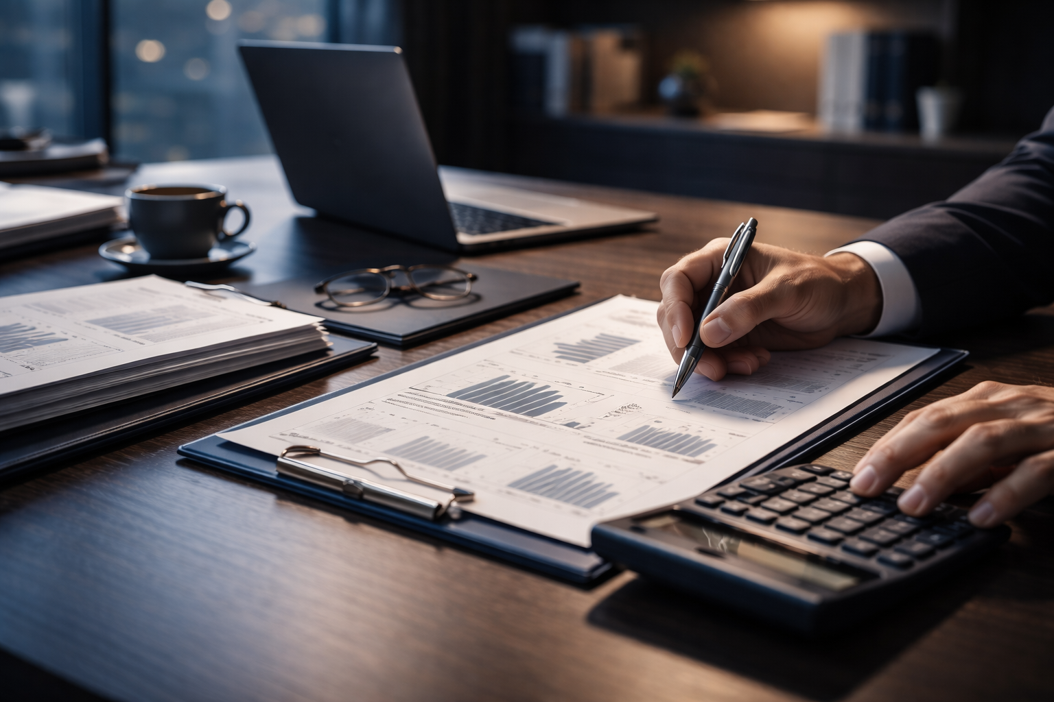 Ambiente corporativo com relatórios e documentos, representando organização e controle na rotina contábil